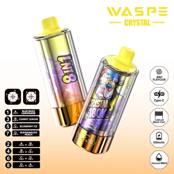 WASPE 8in1 Crystal 180000 Puffs LED Screen Disposable Vape | Switch Flavours, Stay Charged, Vape Longer - Image 5