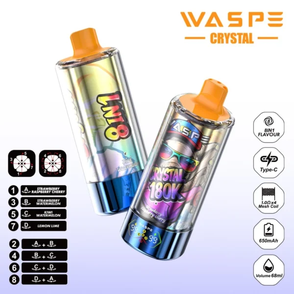 WASPE 8in1 Crystal 180000 Puffs LED Screen Disposable Vape | Switch Flavours, Stay Charged, Vape Longer - Image 3