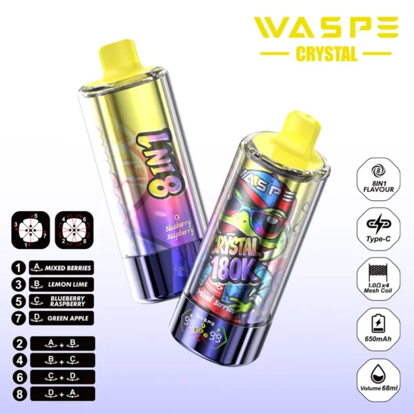 WASPE 8in1 Crystal 180000 Puffs LED Screen Disposable Vape | Switch Flavours, Stay Charged, Vape Longer - Image 2