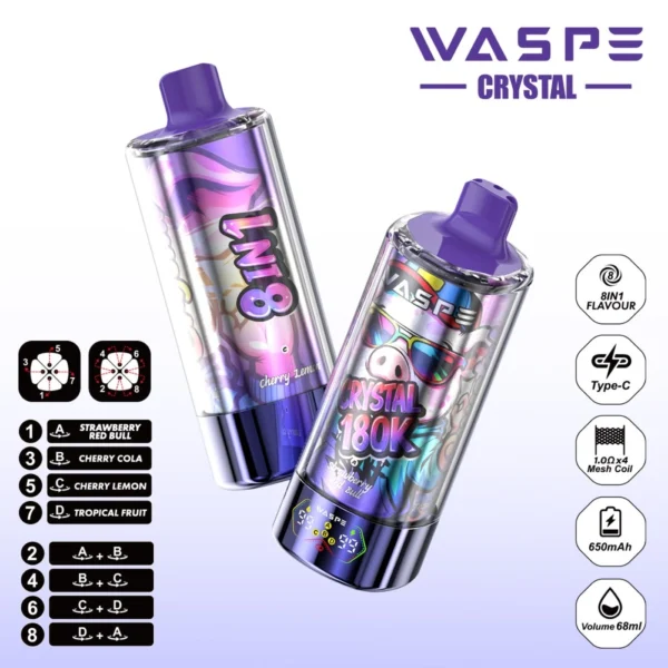 WASPE 8in1 Crystal 180000 Puffs LED Screen Disposable Vape | Switch Flavours, Stay Charged, Vape Longer
